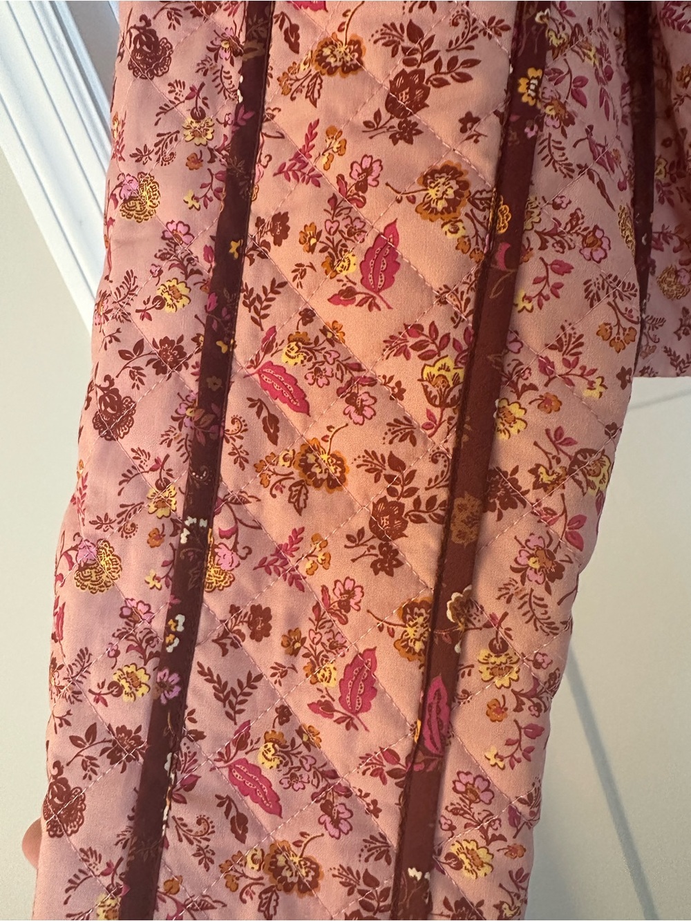 Avec Les Filles Pink Floral Quilted Bomber Jacket with Burgundy Trim - Picture 9 of 10